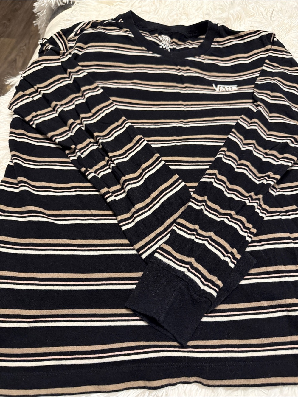 Vans Black Striped Long Sleeve Tee with Cream and Tan Stripes